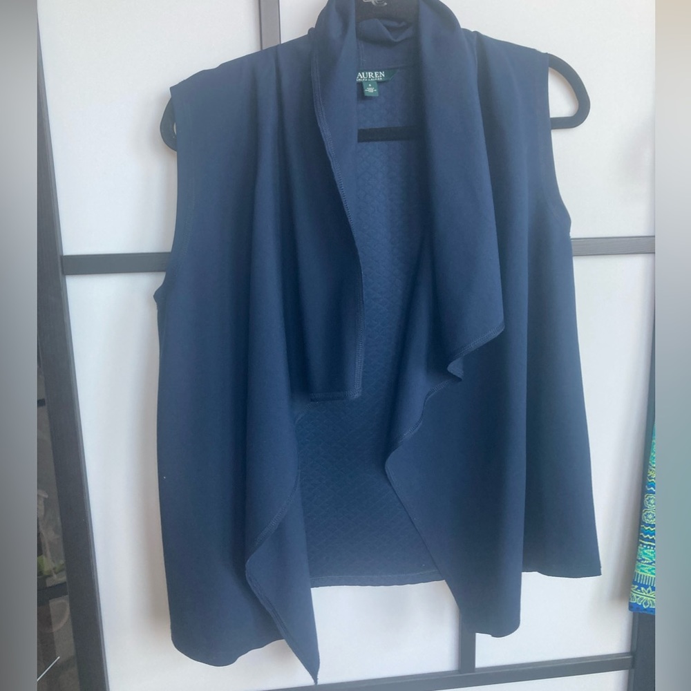 RL Navy Sleeveless Cardigan - Draped Neck and Quilted back